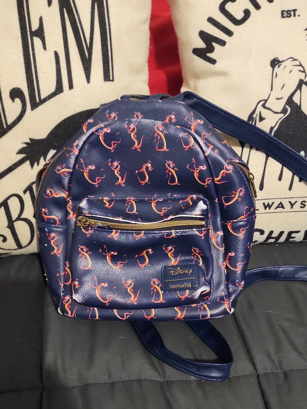Loungefly Navy & Orange Mushu Disney Pattern Mini Backpack
